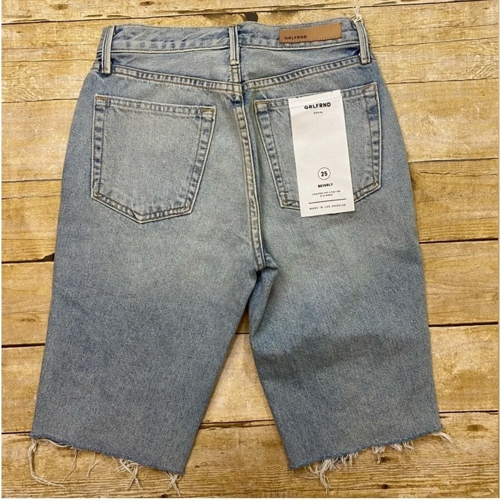 NWT GRLFRND Beverly High Rise No-Stretch Denim Long Biker Shorts (Faded Blue,25)